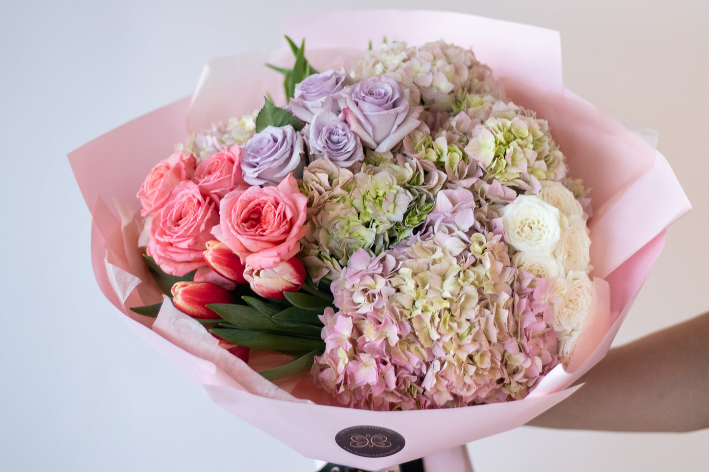 Celine – En Masse Hydrangeas, Roses & Tulips Bouquet